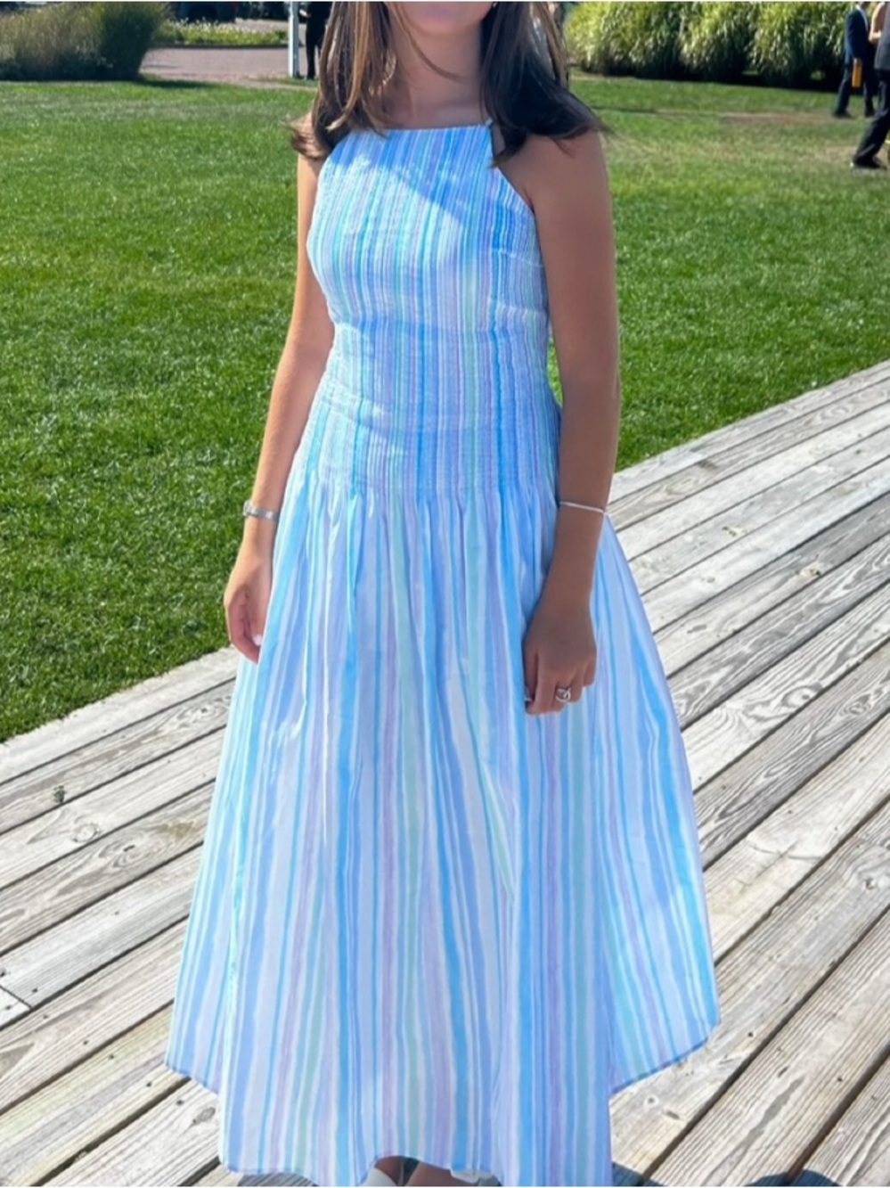 Lulus Jalessa Light Blue Multi Striped Drop Waist Midi Dress